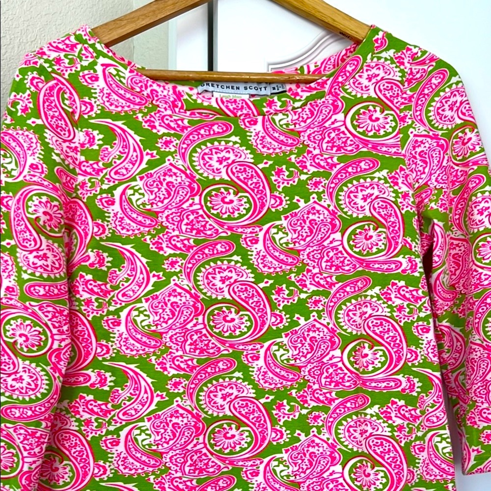 Gretchen Scott Designs Pink and Green Sheath Dress with Bateau Neckline